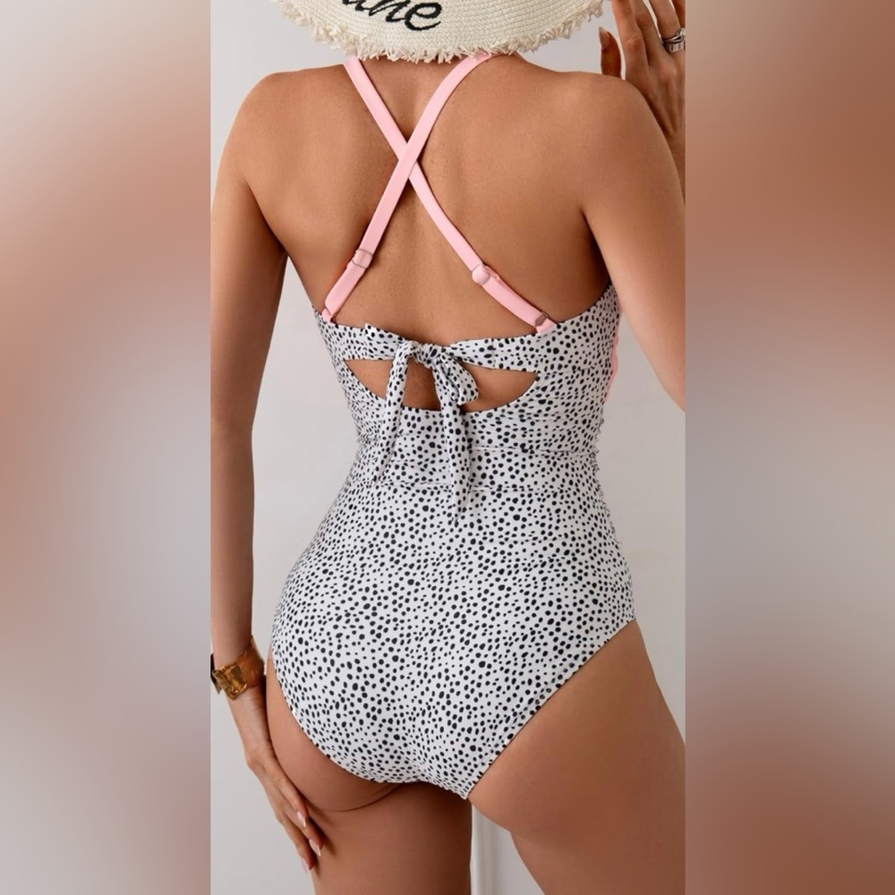 NWT B2prity Pink & Black Dot Slimming Front Cross V Neck 1pc Swimsuit Women’s M - Picture 2 of 8